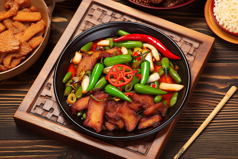 木板上的辣椒炒肉清晰的摄影图美食美味的食物,高清,摄影图,摄影图片,图片大全,摄影图免费下载